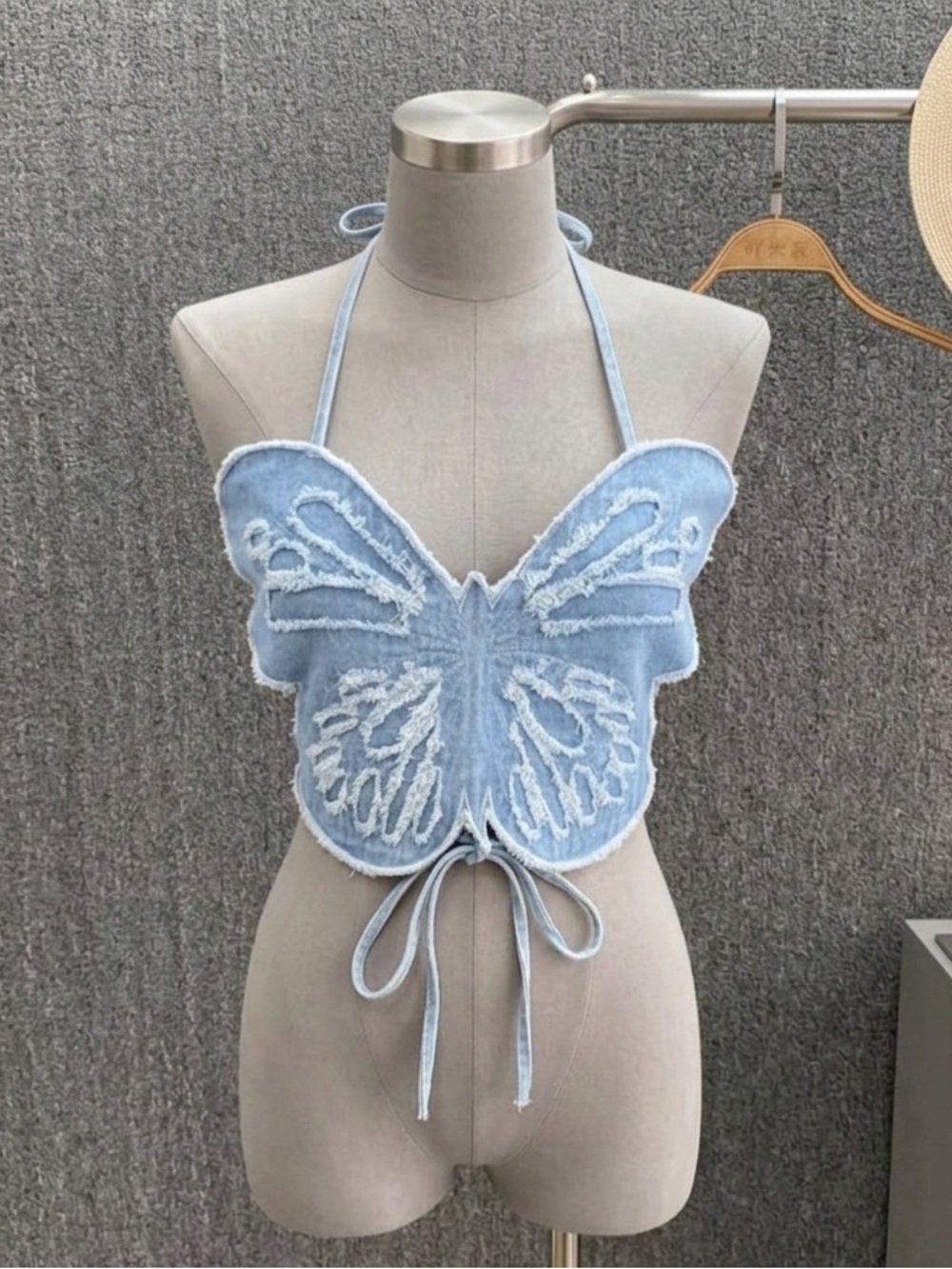 Butterfly Tie-Back Halter Crop Top - Light Blue